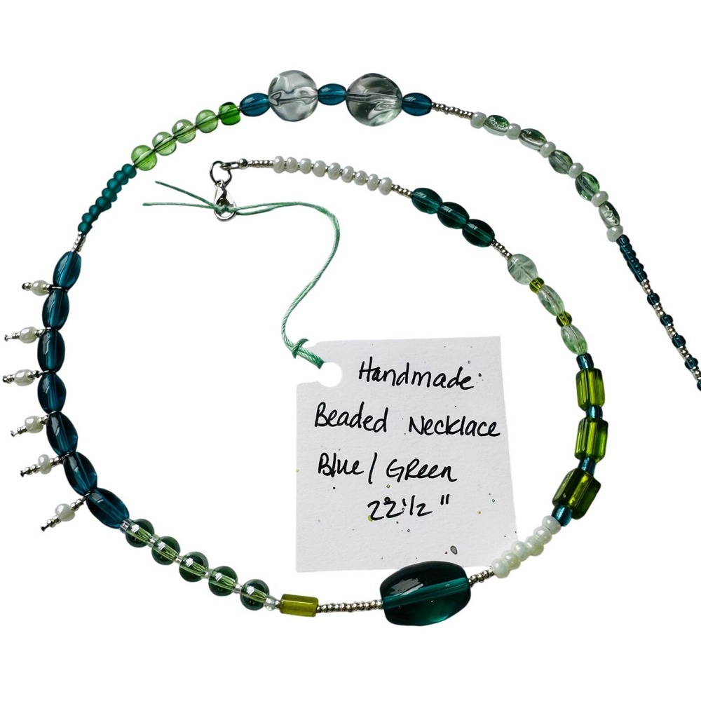 Handmade Beaded Necklace Womens 22.5" Blue Green Glass Mixed Bead
